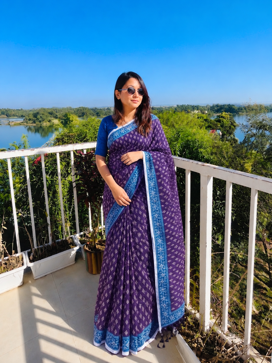 Traditional Cotton Block Print Saree - Royal Purple & Cyan view 1