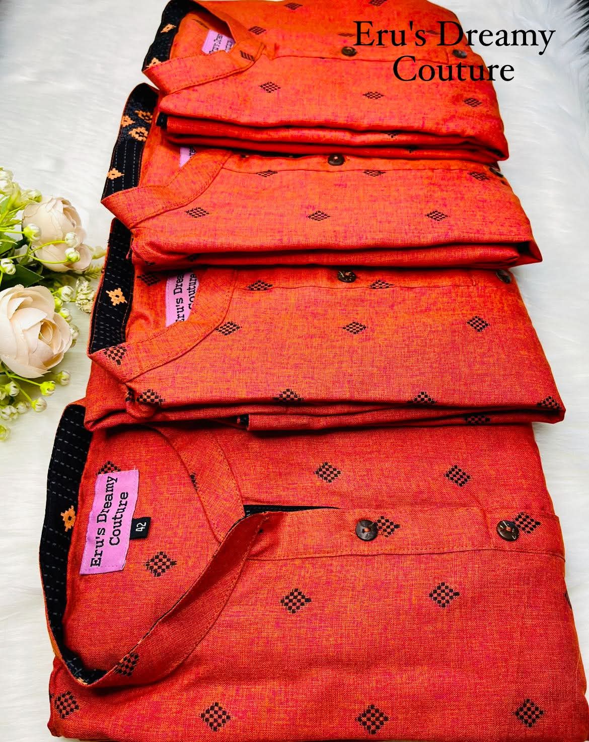 Elegant Coral Orange Printed Cotton Kurti with Pocket view 2